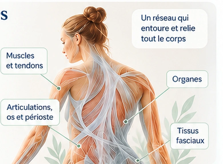 Schéma des fascias reliant muscles, tendons, articulations, os, périoste, organes et tissus fasciaux